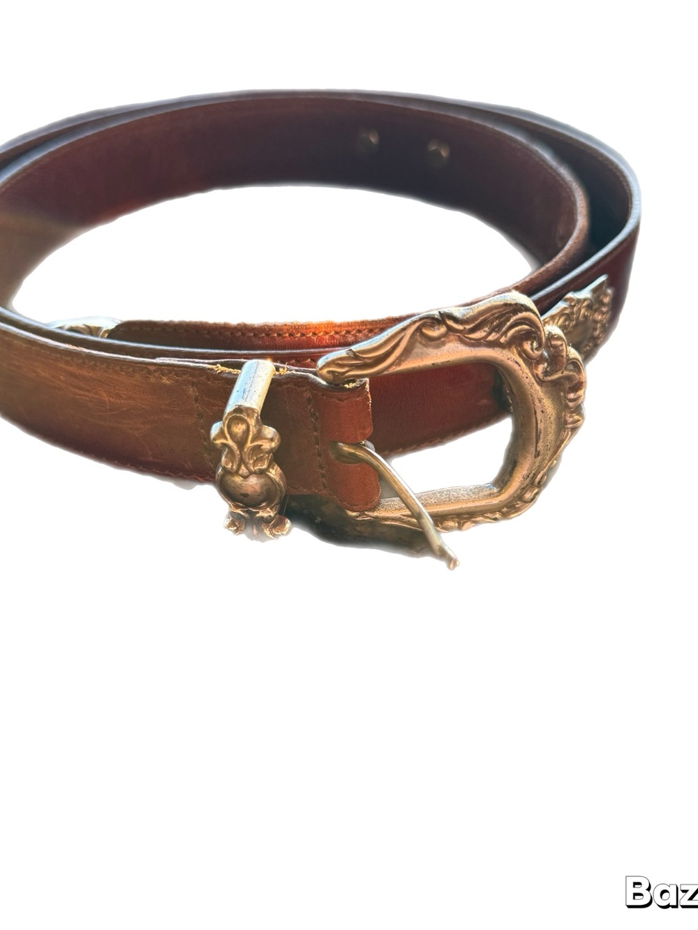 Fossil Brown Leather Belt with Ornate Gold-Tone Buckle